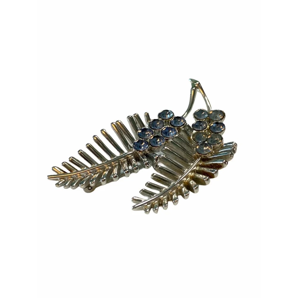 Vintage Cora Silver Tone Leaf Brooch Blue Rhinestones